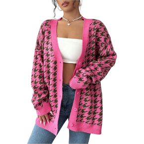 MakeMeChic Women's Houndstooth Plaid V Neck Cardigan Sweater Long Sleeve Knit Cardigans