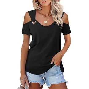 Minetom Women's Cold Shoulder Tops Short Sleeve V Neck T Shirts Basic Summer Tees in Kuwait
