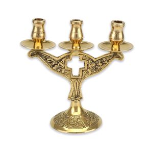 Cross Design Orthodox Candelabra - Christian 3 Candle Holder with Drip Trays, Home Altar, Prayer Corner