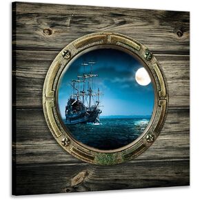 Biuteawal - Full Moon Night Ocean Window View Canvas Wall Art Sailing Boat Picture Seascape Painting Prints Contemporary Artwork for Home Office Decor Gallery Wrapped Ready to Hang
