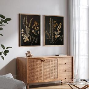 2Pcs Dark Botanical Canvas Wall Art Vintage Floral Wall Decor Pictures Dark Academia Moody Flowers Aesthetic Gallery Room Posters Prints for Bedroom Living room Decoration 12x16in