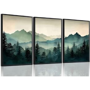 okudolit Framed Mountain Wall Art Set of 3 Sage Green Forest Canvas Prints Nature Landscape Watercolor Pictures Wall Decor Modern Painting for Living Room Bedroom Office 16x24in