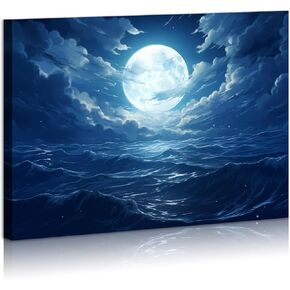 DEORAIO Moon Sea Ocean Landscape Wall Art Full Moon in Cloud Pictures Paintings for Living Room Bedroom Home Decorations Framed Ready To Hang 12x16 inches