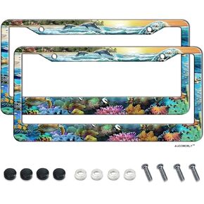 2 Pcs Set Sea Turtle License Plate Frame Stainless Steel Frame Holder Underwater World License Plate Frames for Women Men Vehicles