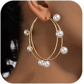 Denifery Pearl Hoop Earrings for Women Big Gold Hoop Earrings Fashion Pearl Earrings Drop Dangle Earrings Jewelry