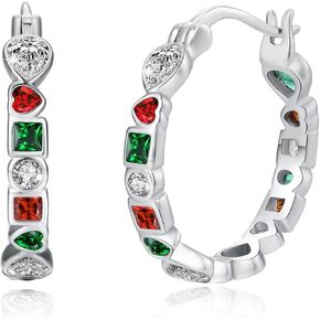 925 Sterling Silver CZ Hoop Earrings with Red, Green, White Geometric shapes Hoop Earrings Christmas Earrings for Women Mother Wife