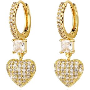 Heart Dangle Hoop Earrings 14K Gold 5A+ Cubic Zirconia Big Large Heart Love Huggie Drop Cartilage Earrings For Women Valentine's Day (02Gold)