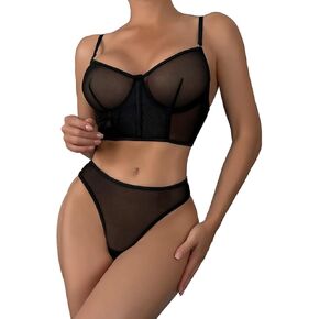 Women's 2 Piece Sexy Bra and Thong Lingerie Set Sheer Mesh Bralette and Panty Set