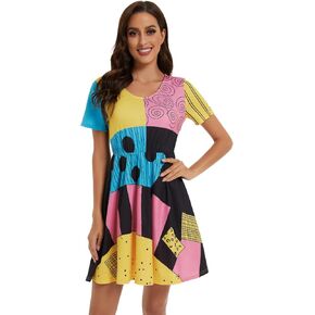 ICEYOU Sally Costume Women Halloween Short Sleeve Sally Dress