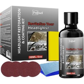 Car Headlight Restoration ＆ Coating Kit - Removes Oxidation, Yellowing, and Scratches; Headlight Restoration Set of | 4X Sandpaper | 1x Polishing Sponge | 1x Eyeglass Cloth | 1x Towel - 30ML