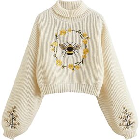 Women's Plus Size Pullover Sweater Flower Embroidery Long Sleeve High Neck Knit Tops