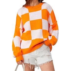 SHENHE Women's Oversized Checkered Sweater Plaid Bell Sleeve Crewneck Vintage Sweater Jumper