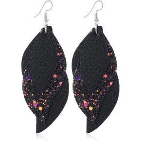 Leather Earrings 3 Layered Lightweight Faux Leather Leaf Earrings Layered Glitter Design Drop Earrings Fashion Retro Sequin Shining Statement Dangle Earring for Women Girl Jewelry