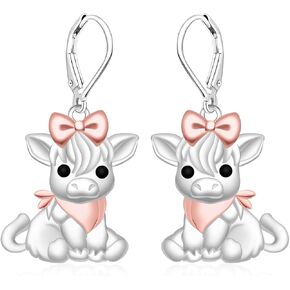 Highland Cow Earrings for Women - Cute 925 Sterling Silver Animal Bow Leverback Dangle Earring Scottish Jewelry Cowgirls Cowboys Gifts