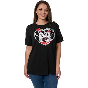 Disney Womens Plus Size T-Shirt Mickey and Minnie Mouse Heart Print (Black)