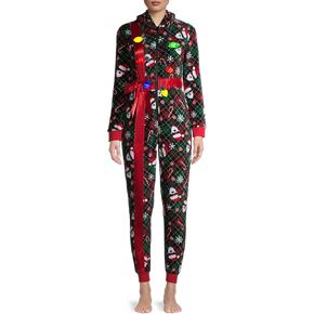 Derek Heart Women's Ugly Christmas Sweater Present Hooded Union Suit with Lighted Necklace