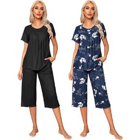 Ekouaer Women's 2 Pack Pajama Set Short Sleeve Pleated Tops Pants Sleepwear Soft Pjs Sets with Pockets
