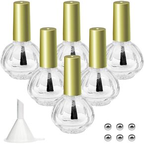 Empty Nail Polish Bottles Gold Top, 6PCS 10ML Empty Glass Fingernail Polish Bottles, Pumpkin Shape Refillable Clear Bottles with Funnel & Mixing Balls for Nail Art Sample