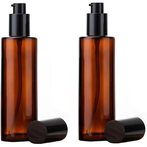 2PCS 4oz Amber Glass Pump Bottles Empty Refillable Cosmetic Shampoo Container Great for Essential Oil Blends Lotions Liquid Soap Aromatherapy Bathroom Kitchen Travel