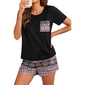 POKWAI Women's Pajama Sets Short Sleeved and Shorts Pjs with Pockets Soft Sleepwear