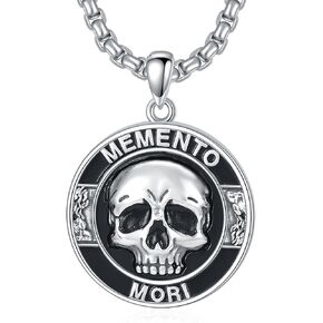Memento Mori Necklace 925 Sterling Silver/18K Gold Plated Gothic Skull Jewelry for Men Women Boy, with Stainless Steel Chain 22+2 Inch