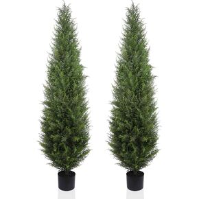 Artificial Cedar Topiary Tree 5ft Fake Cypress Trees UV Resistant Potted Plant Faux Topiary Tree for Front Porch Home Office Indoor Outdoor Decoration Set of 2