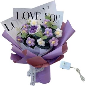 Crochet Flower Bouquet Handmade Knitted Bouquet Fake Flower Decoration Artificial Flower for Anniversary Engagement Birthday, Pink