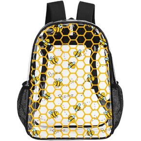 Bee Clear Backpack Heavy Duty for Girls Kids Boys Women Men - Large Cute PVC Bees Theme Printing Transparent Backpacks for Schools Stadium Concerts Work - Clear/Black
