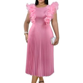 ONTINVA Women's Crew Neck Pleated A-line Dress Ruffled Sleeveless Casual Maxi Dresses Party Wedding Guest Long Flowy