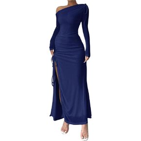 MakeMeChic Women's Mesh One Shoulder Dress Ruched Drawstring Long Sleeve Dresses Split Thight Maxi Dresses