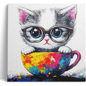 Ypxzzj Cute Kitten in a Teacup Canvas Wall Art, Animal Cat Picture Prints Wall Art, Cute Animal Cat with Glasses Wall Art Poster for Livingroom Bedroom Nursery Room Home Decor Framed Ready to Hang