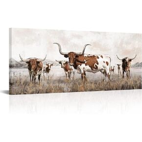Visual Art Decor Large Longhorn Canvas Wall Art Texas Decor Western Farmhouse Cow Cattle Picture Art Prints for Living Room, Kitchen, Bedroom, Office & Home Decor Gift Ready to Hang (Brown)