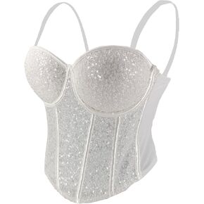 ELLACCI Women's Sexy Sequin Sheer Mesh Bustier Corset Tops White