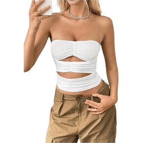 SHENHE Women's Cut Out Tube Ruched Strapless Bandeau Fitted Sexy Backless Crop Tube Top