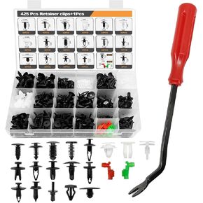 425pcs Bumper Retainer Clips Kit with Tailgate Handle Rod Clip Fastener Remover with 19 Most Popular Sizes Auto Push Pin Rivets for GM Ford Toyota Honda Chrysler