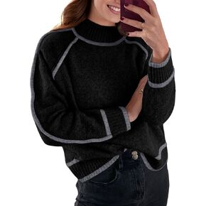 PrinStory Women's Mock Neck Pullover Sweater Long Sleeve Color Block Loose Knit 2024 Fall and Winter Basic Trend Outfits