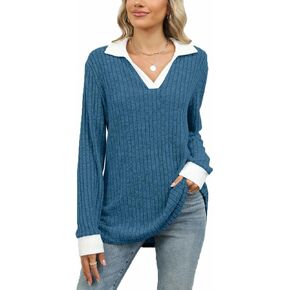 Plustrong Womens V Neck Polo Pullover Sweaters Long Sleeve Casual Knitted Tunic Tops Fall Sweater