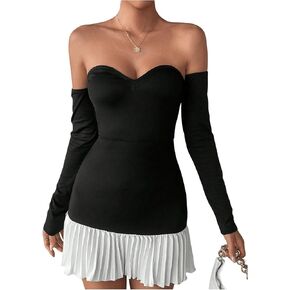 MakeMeChic Women's Off The Shoulder Dress Colorblock Mini Dress Pleated Bodycon Cocktail Dresses