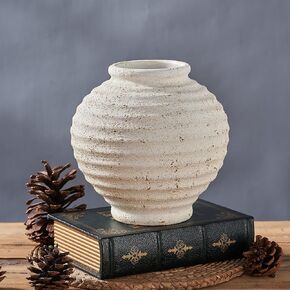 Ceramic Rustic Vase, Large Vintage Flower Vase, 14.4 Inch Threaded Decorative Vase, Farmhouse Vase with 2 Handles, Pampas Vase Decorative Pottery Flower Vase, Terra Cotta Vase (White Tall-02)