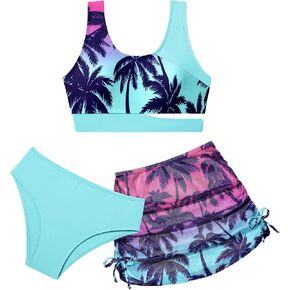Girls Swimsuit Cutout Tropical Floral Bathing Suit for Girls 3 Pcs Bikini with Drawstring Cover up Skirt 7-16Y