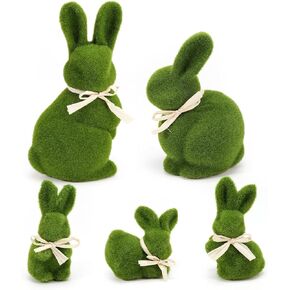Nature Vibe 10/5 Inches Moss Bunny Easter Home Decor,Set of 5 Green Faux Moss Parents n Baby Easter Bunny Decor for Easter Decorations,Cute Bunny Figurines as Spring Decor