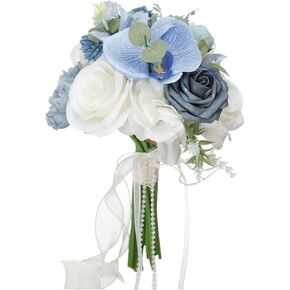 DULRLLY Artificial Wedding Bouquet for Bride Dusty Blue Rose Flowers Bouquet for Wedding Bridesmaid Bouquet Silk Roses Bridal Wedding Toss Bouquets for Church Ceremony Party Decoration(#1)