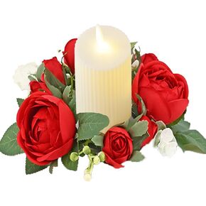 Valentine's Day Rose Candle Rings Wreaths Artificial Red Rose with Green Leaves Rings Garland for Valentine's Day Wedding Party Table Pillar Centerpiece Candle Holder Decoration Red