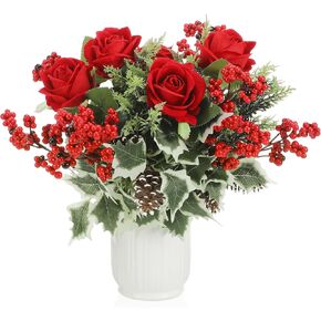 13 Pcs Artificial Christmas Flowers Bouquet with Ceramic Vase Christmas Floral Pine Cones Holly Berries Red Roses Holiday Floral for Xmas Winter Home Table Vase Wedding Bouquet (Vase Include)