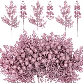 24 Pieces Christmas Tree Decorations - 12pcs Artificial Glitter Berries Stems and 12pcs Glitter Cedar Leaves for Christmas Tree Decor Wreath Making Vase Filler DIY Crafts (Royal Blue)