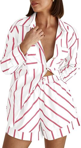 Women's Striped 2 Piece Outfits Casual Button Down Shirts and Shorts Drawstring Pajamas Lounge Matching Sets in Kuwait