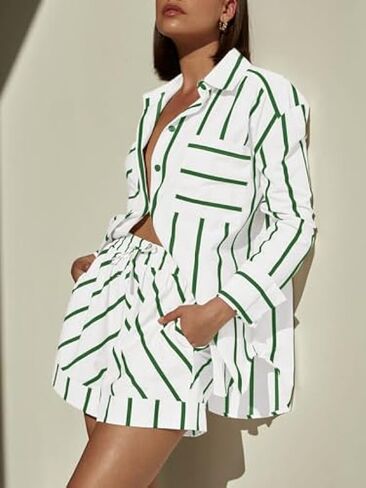 Women's Striped 2 Piece Outfits Casual Button Down Shirts and Shorts Drawstring Pajamas Lounge Matching Sets in Kuwait