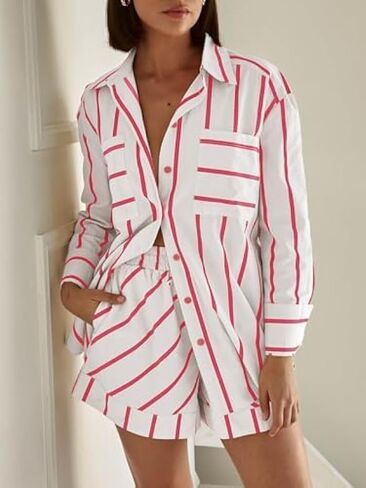 Women's Striped 2 Piece Outfits Casual Button Down Shirts and Shorts Drawstring Pajamas Lounge Matching Sets in Kuwait