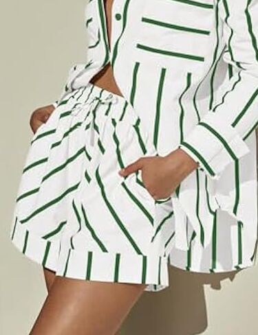 Women's Striped 2 Piece Outfits Casual Button Down Shirts and Shorts Drawstring Pajamas Lounge Matching Sets in Kuwait