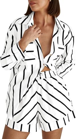 Women's Striped 2 Piece Outfits Casual Button Down Shirts and Shorts Drawstring Pajamas Lounge Matching Sets in Kuwait